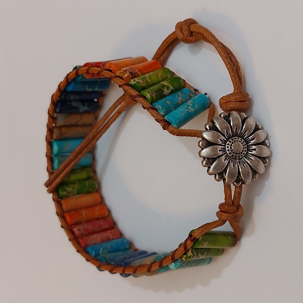 Rainbow Sea Sediment Jasper Tube Beads Chakra Gemstone Leather Wrap Bracelet